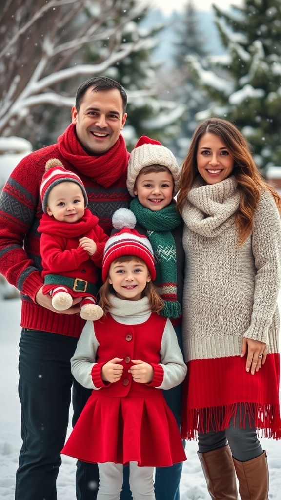 A joyful family in coordinated Christmas outfits posing in the snow for a holiday card.